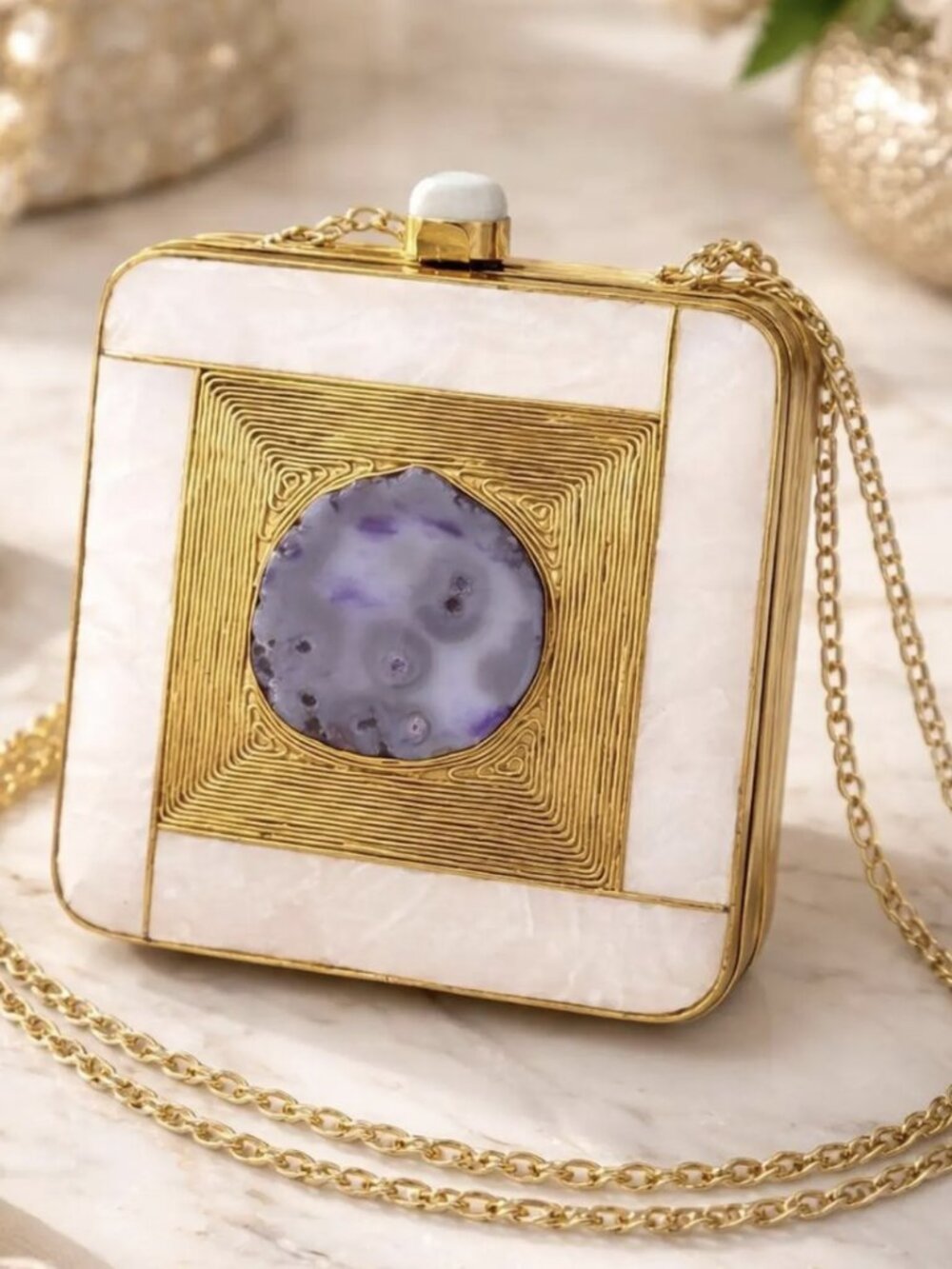 Mother of Pearl Clutch with Amethyst Stone | Gold Bridal Evening Bag